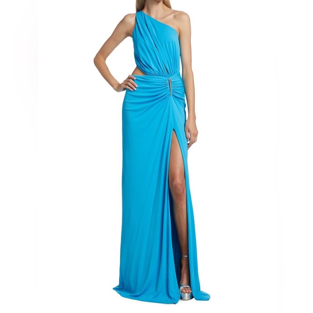 HALSTON ivanna gathered asymmetrica cut out gown
